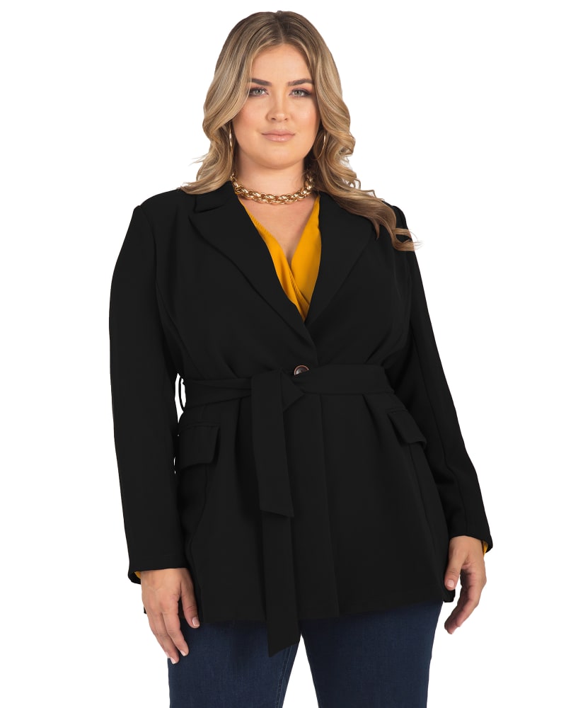 Front of a model wearing a size 1X Regina Belted Blazer in Black by Standards & Practices. | dia_product_style_image_id:280850